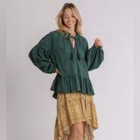Umgee | Green Boho Peasant Textured Cotton Tassel Tie Top, Small - Picture 4 of 10